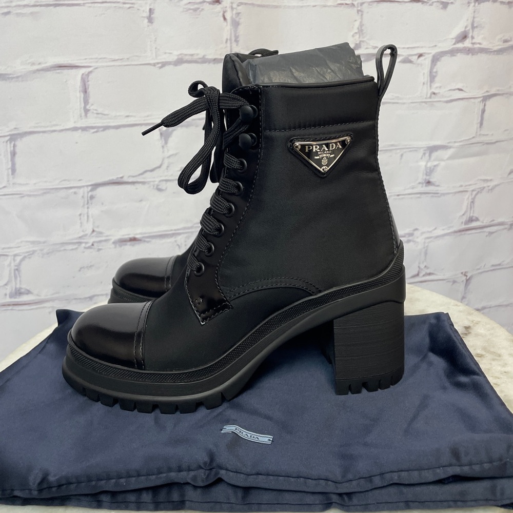 Prada Black Lace-Up Leather & Nylon Block Heel Boots